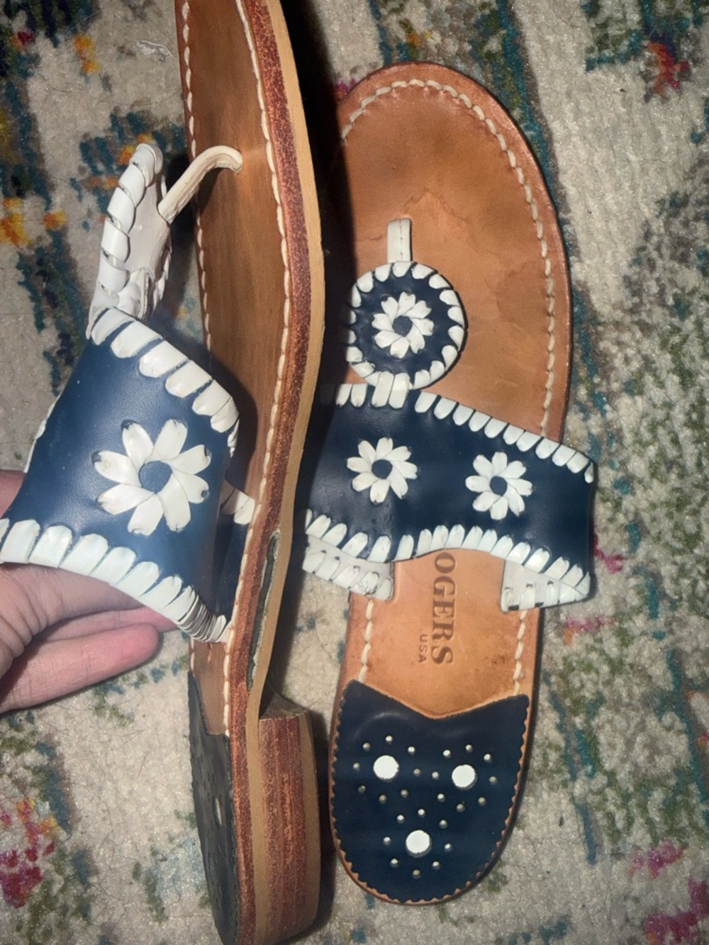 Jack Rogers Navy and White Floral Leather Sandal - Picture 2 of 3